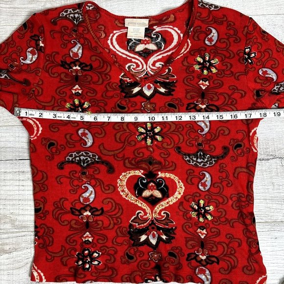 Pierre Cardin Womens Red Printed Y2K Paisley Print Sequin Blouse Size L Rib Knit - Picture 8 of 11